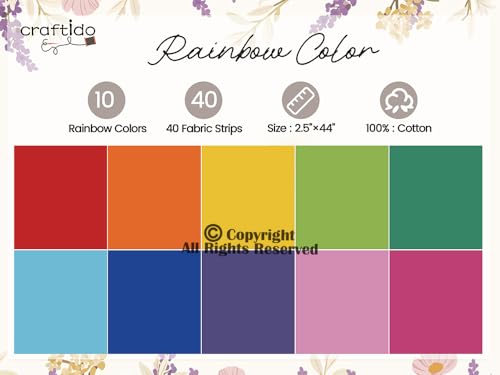 Craftido-20 Options-100% Cotton Jelly Roll Fabric Precut Strips for Quilting, Crafting, and Sewing, 40 Strips 2.5" x44" Assorted Bundles for Rug, Quilt Project, DIY Craft and Home Decor-RAINBOW COLORS - color: Rainbow Colors
