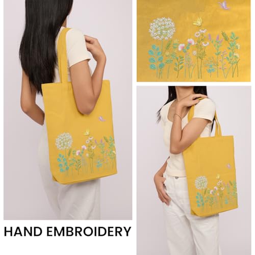 CREAWONDER Canvas Tote Bag Embroidery Kit with Pattern for Beginners, Arts and DIY Embroidery Crafts Kits for Adults, Include Instructions, Embroidery Hoops, Color Threads and Tool - color: CR002 banmeng yellow