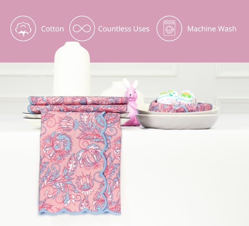 PurpleEssences Scalloped Cloth Napkins 18x18 in - BlushPink Edge Light Blue - color: Blush Pink Edges - Light Blue