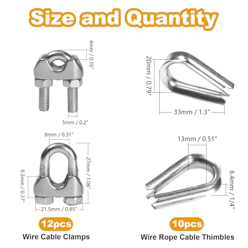 12Pcs 3/16'' M5 Wire Rope Clamps 10Pcs M5 Wire Rope Thimble - size: M5 - 3/16”