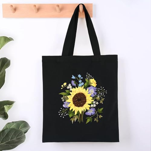 Canvas Tote Bag Embroidery Kit with Sunflower Pattern, Embroidery Kits for Beginners Adults, Arts and DIY Crafts Embroidery Starter kit, Include Stamped Embroidery Bag, Color Threads, Embroidery Tools - color: Black with Sunflower