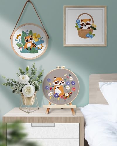 TINDTOP 3 Pack Embroidery Kit for Adult Beginners, Embroidery DIY Starter Kit, with Raccoon Stamped Patterns, Hoop, Tools, Colorful Threads with Needles, Instructions - color: Raccoon