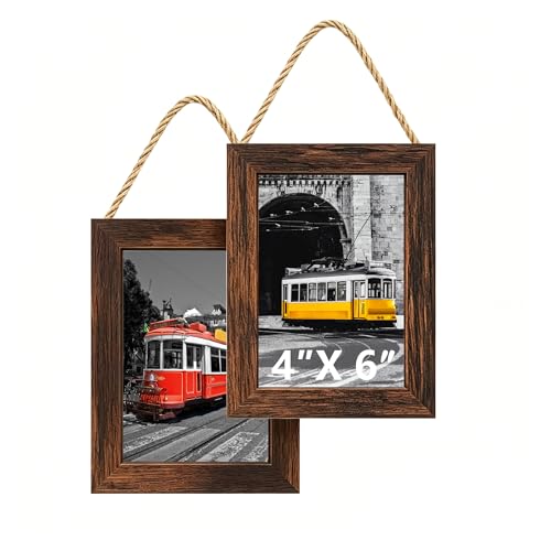 4x6 Hanging Collage Picture Frames Wall Decor, 1-Opening 4x6 Rustic Wood Frame with Hemp Rope Rustic Brown - color: Rustic Brown, size: 4x6