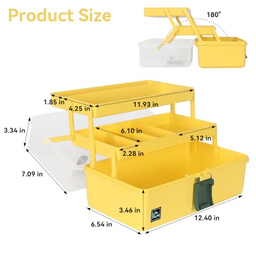WEWLINE 13-Inch Art Box Sewing Storage Organizer 3-Layers Craft Storage Organizer with Handle Plastic Storage Boxes Organizers for Kids Student Artist,Yellow - color: YELLOW