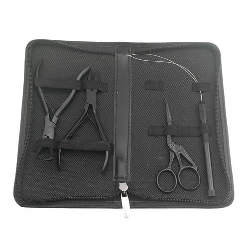 Hair Extension Beading Tool Kit Hair Extensions Micro Link Bead Closer and Remover Pliers and Cutting Scissors Set, Link Micro Ring Loop Needle Pulling Hook Threader Wire for Silicone Rings(Black)
