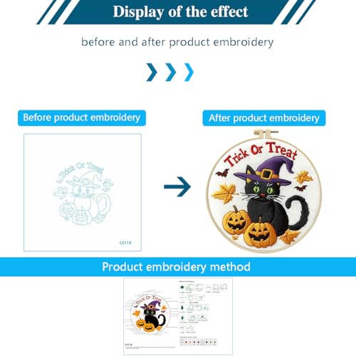 Zhenqing Halloween Black Cat Embroidery Kit for Beginners, Trick or Treat Witch Cat Needlework Kit with Pre-Printed Cotton Fabric, Hoop, Threads & Tools, Spooky DIY Decor (C0118) - style: Halloween Black Cat