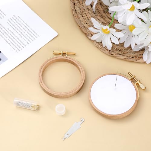 2PCS 3 Inch Wooden Embroidery Hoops, 30PCS 3 Sizes Embroiderys Needles, and 1PCS Needle Threader, Wood Circle Cross Stitch Hoops Ring Small Embroidery Hoop Frame Embroiderys Ring for Art Craft Sewing