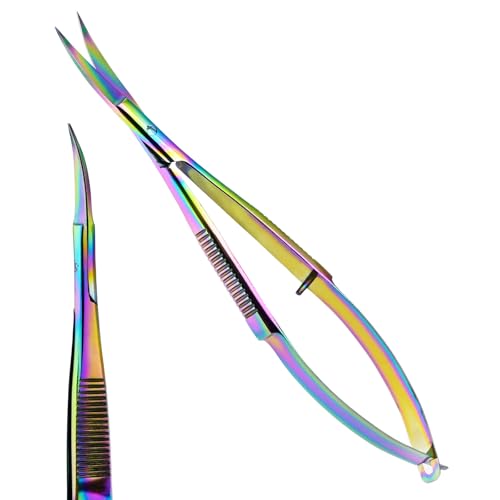 Cross Edge Curved Spring Scissors 5 Inch Stainless Steel Precision Eyebrow & Eyelash Shaping & Trimming Scissor, Snips Squeeze, Embroidery, Knitting Micro Tip Craft Scissors (Rainbow) - color: Cec-ss-27