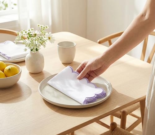 PurpleEssences Scalloped Cloth Napkins 18x18 in - White Edges Lavender - color: White(edges- Lavender)