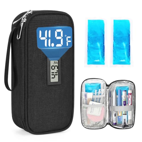 YOUSHARES Insulin Cooler Travel Case - TSA Approved Diabetic Medication Pen Cooling Bag with Temperature Display, Refrigerated Peptide Supplies Organizer Insulated Storage Kit with 2 Ice Pack - color: 11_Black
