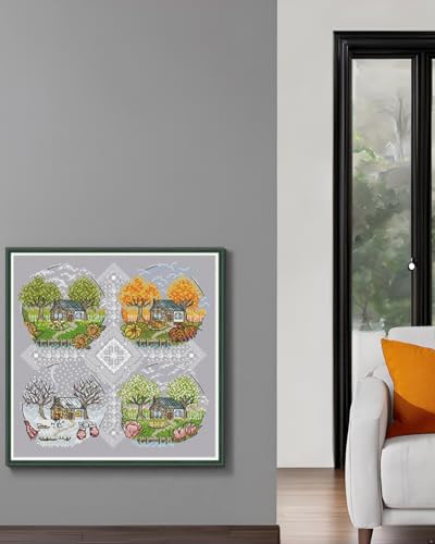 CaptainCrafts Cross Stitch Kits for Adults Stamped Cross Stitch Printed Fabric Cross Stitching DIY Art DMC Needlecrafts Embroidery Kit for Adults (Stamped, Cottage Scenery Four Seasons) - color: Cottage Scenery Four Seasons, style: Stamped