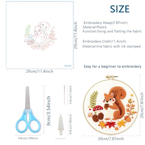 Zhenqing Squirrel with Pinecone Embroidery Kit for Beginners, Pre-Printed 29x29cm Cotton Fabric & 20cm Hoop, Cute Autumn Animal Design with Mushrooms & Maple Leaves(C0050)