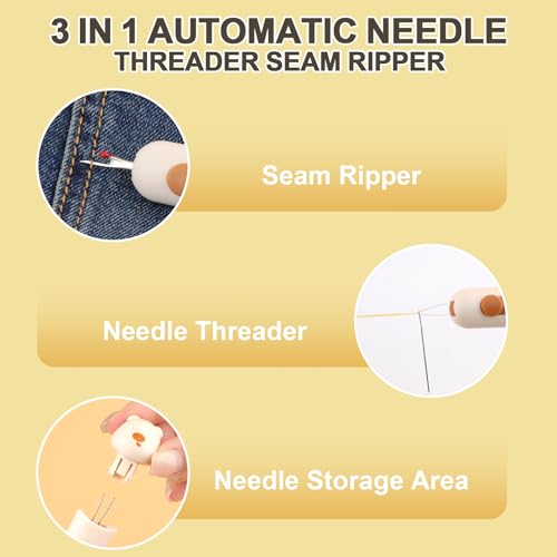 Automatic Needle Threaders Seam Ripper, Upgraded 3 in 1 Sewing Needle Threader Tool, 2Pcs Stretchable Quick Seam Rippers with Needle Storage for Hand Quilling, Embroidery Stitch Removal(Yellow) - color: Yellow