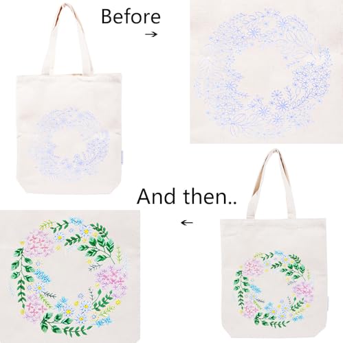 CREAWONDER Canvas Tote Bag Embroidery Kit with Pattern for Beginners, Arts and DIY Embroidery Crafts Kits for Adults, Include Instructions, Thimble, Embroidery Hoops, Color Threads and Tool - color: CR002 huafanyunyu