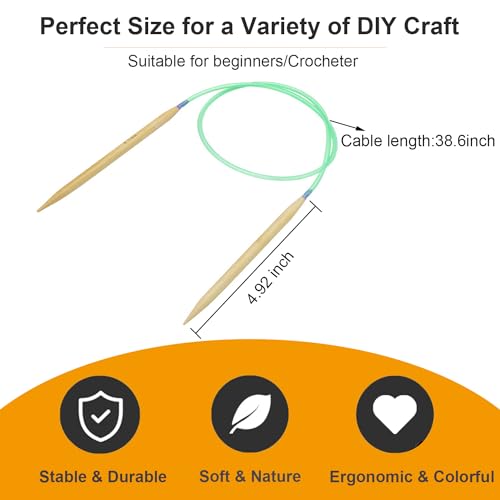 Mdoker 18 Pairs Bamboo Knitting Needles Set Circular Wooden Knitting Needles with Colorful Plastic Cable Size 2mm-10mm,Knitting Needle for DIY Craft(120cm/47inch) - size: 47inch