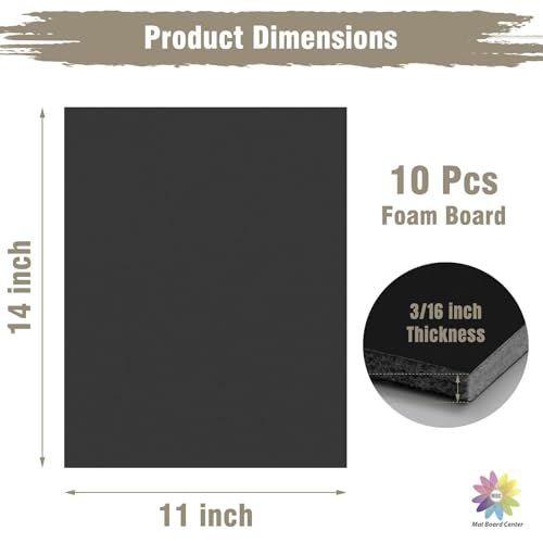 Mat Board Center Pack of 10 Acid-Free Foam Board Black 11x14 in 3/16" Thick - color: Black, size: 11x14