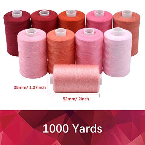 Sewing Thread 10 Color Sewing Industrial Purpose 1000 Yards Per Spool 40S/2 Polyester for DIY Sewing Machine,Embroidery Machine,Hand Sewing (Red) - color: Red