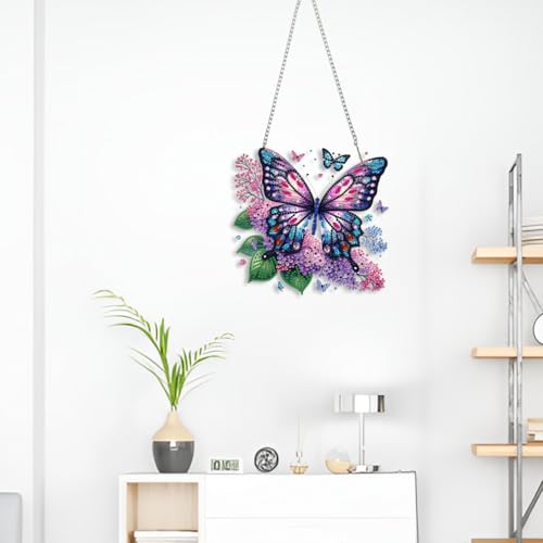 STGLCR Butterfly Diamond Art Hanging Kit for Adult,Special Shaped DIY Acrylic 5D Flowers Diamond Art Painting Window Pendants Home Garden Wall Hanging Kits Hanging Ornament 7.8inch Purple Foral - color: 92-Butterfly Flower purple