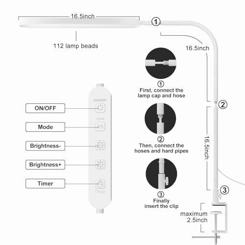 SKYLEO Led Desk Lamp - 33.5" Desk Light - Flexible Gooseneck - 5 Color Modes X 11 Brightness Levels - 1300LM - Timmer & Memory Function - 12W Clip on Light - White - style: White gooseneck