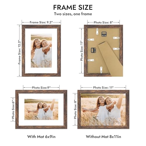 Hongkee 8x11 Picture Frame with Real Glass Wood Frame, 1 Pack(with Mat 6x9) - color: Rustic Brown, size: 8X11 in