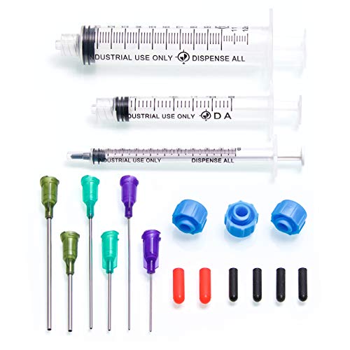 K2-3PK All-Purpose Industrial Syringe Kit - 1ml/3ml/10ml with 1 & 2 Inch 14, 18, & 21 Gauge Dispensing Tips, Syringe Caps and Tip Covers