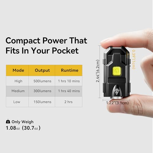 lexall H8 Keychain Flashlight, 500LM USB-C Mini EDC Light with Cap Clip