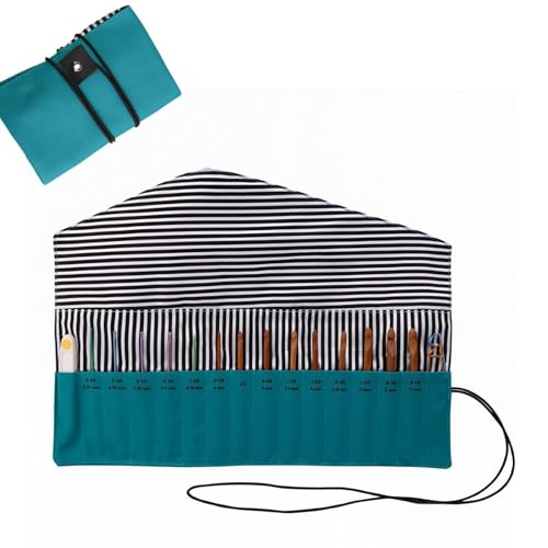HERCHR Crochet Hook Case Holder Organizer, Portable Roll up Crochet Hook Organizer Oxford Cloth Knitting Needle Case with Clasp for Straight and Circular Needles, 10.43x13.38 Inches Unfolded - color: green