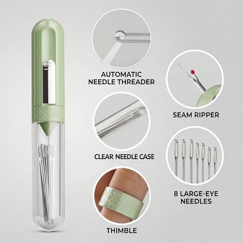 5-in-1 Automatic Needle Threader Kit, Hand Sewing Tool with Seam Ripper, Magnetic Needle Minder, Thimble & 8 Large-Eye Needles – Portable Sewing Supplies for Embroidery, Cross Stitch, Repairs, Travel - color: green