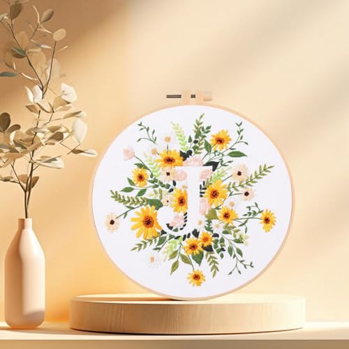 IUHUI Embroidery Kit for Beginners Adults - 26 Floral Letters Easy Patterns, DIY Hand Stitching Embroidery Set with Hoop (Flower and Grass Letter J) - color: Flower and Grass Letter J
