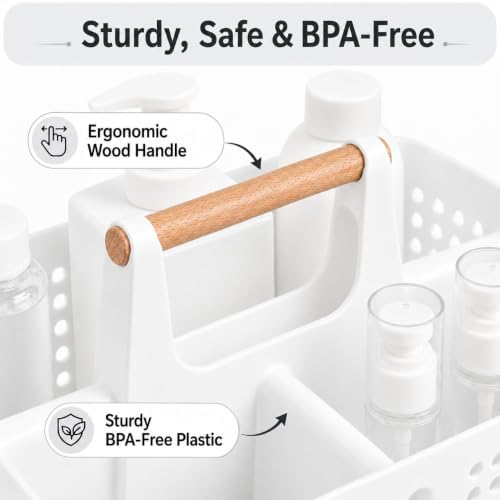 Portable Shower Caddy Basket with 3 Compartments and Handle, White - color: White