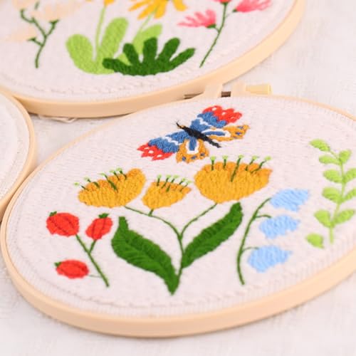 Woohome Punch Needle Kit Included Plastic Hoops, Punch Needle Cloth, Color Yarn and Punch Needle Tools for Adults, Beginners (Butterfly, Dragonfly and Bird) - color: Color 33