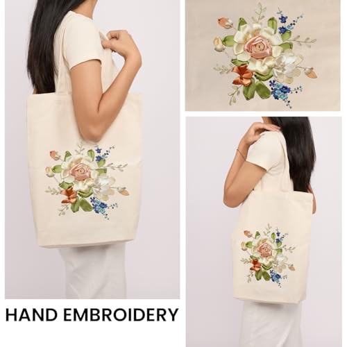 CREAWONDER Canvas Tote Bag Embroidery Kit with Pattern for Beginners, Arts and DIY Embroidery Crafts Kits for Adults, Include Instructions, Embroidery Hoops, Color Threads and Tool - color: CR002 xiaoqingxin06 white
