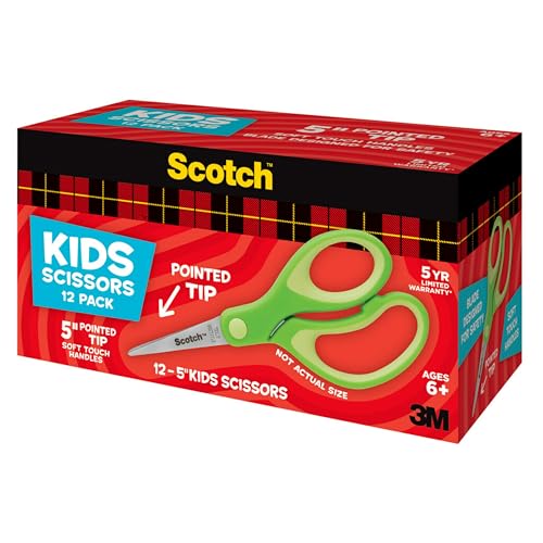 Scotch 5" Soft Touch Pointed Tip Kids Scissors, 12 Count Teacher's Pack - size: 12 count - blunt