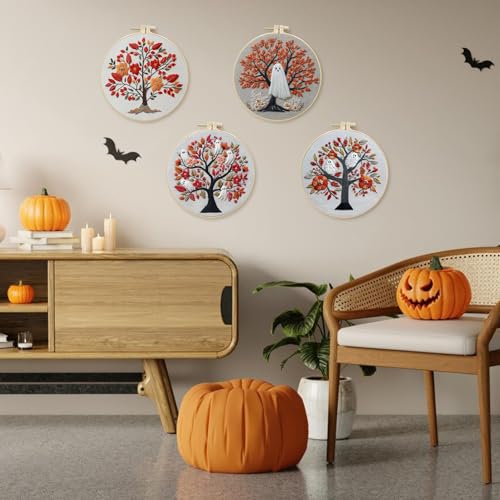 LB 4-Pack Halloween Ghost Embroidery Kit for Beginners: Orange Fall Tree Cross Stitch Kit | Adults DIY Starter Kit Includes Embroidery Hoop, Colorful Threads, Tools and Instructions - color: Orange Red