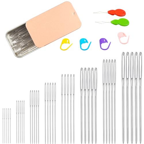 Eketirry 46 PCS Large-Eye Blunt Needles kit, 8 Sizes Stainless Steel Yarn Knitting Sewing Needles, Crafting Weaving Stringing Needles with Threaders and Stitch Markers (Rose Gold) - color: Rose Gold