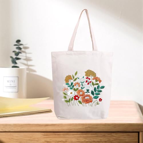 MAMUNU Canvas Tote Bag Embroidery Kit with Pattern for Beginners, Arts and DIY Crafts Kits for Adults, Include Instructions Embroidery Bag, Embroidery Hoops, Color Threads and Tool - color: Beige
