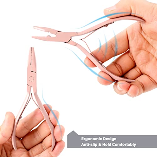 Gomake Hair Extensions Closed and Remover Pliers set, Micro Silicone Rings Beads Hair Extensions Loop Needle Threader Pulling Hook Tool and Bead Device Tool for Hair or Feather Extensions (Pink) - color: Pink