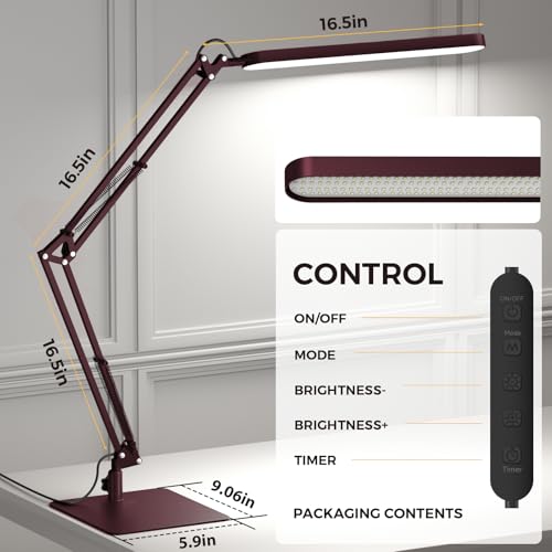 SKYLEO LED Desk Lamp with Slim Base - Adjustable Swing Arm Desk Light, Dimmable, Timer, Eye Protection, Memory Function, 1300LM, 12W, Red - style: Red swing arm with Base
