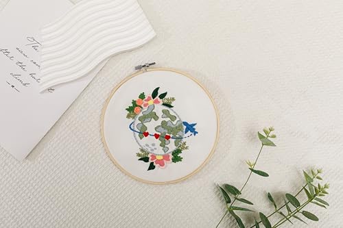 Looples Embroidery Kit for Beginners and Adults with Video Tutorials - Complete Embroidery Starter Kit with 3 Stamped Floral Patterns, Hoops, Threads, Needles, and Instructions (Car, Globe and Camera) - color: Car, Globe and Camera