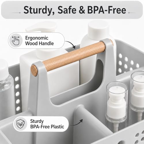 Portable Shower Caddy Basket with 3 Compartments and Handle, Light Gray - color: Light Gray