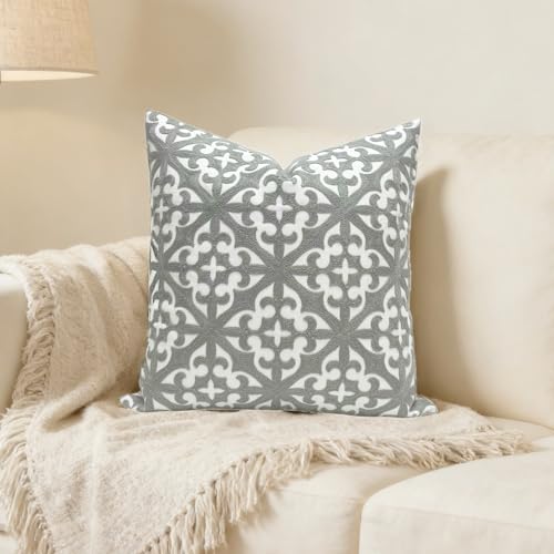SLOW COW Embroidered Throw Pillow Cover 18 x 18 Inch Grey - color: Grey Farmhouse Flower, size: 18" x 18" (Pack of 1)