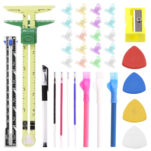 Swpeet 48Pcs Sewing Tools Kit, Tailors Chalk, Sewing Fabric Chalk, Sewing Fabric Pencils, 5-in-1 Sliding Gauge Measuring Sewing Ruler Tool, Heat Erasable Fabric Marking Pens with 4 Refills