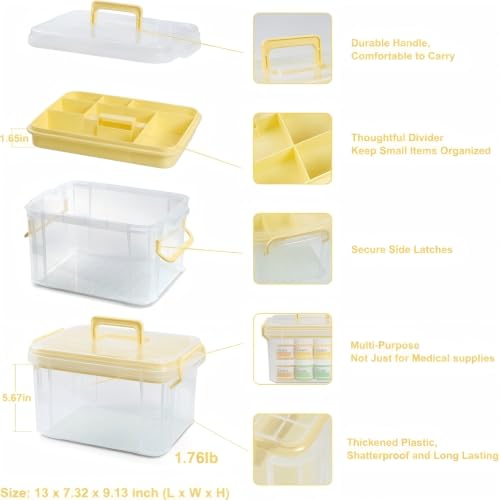 2-Tier Medicine Organizer - Plastic Portable Storage Box with Handle Yellow - color: Yellow