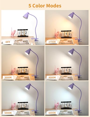 BOHON Desk Lamp with Clamp Clip on Light 5 Color 10 Brightness Lilac Purple - color: Lilac Purple