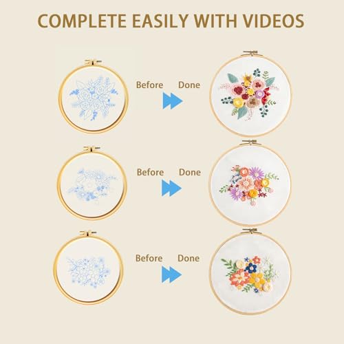 Gmakto Embroidery Kits for Beginners,3 Sets Beginner Embroidery Kit for Adults,Including 3Pcs Embroidery Cloths with Floral Pattern, 1 Pcs Plastic Embroidery Hoops, 3Pcs User Manual(Flower)