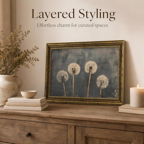 ZSISHHUASUYI Vintage Gold Frame Dandelion Wall Art, Moody Cottagecore Canvas Painting Print, Gothic Dark Plant Picture for Living Room Bedroom Decor, Retro Botanical Artwork 16x24 Inch - color: dandelion, size: 24"L x 16"W