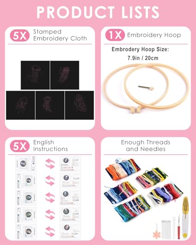 TINDTOP 5 Pack Embroidery Kit for Adult, Embroidery DIY Starter Kit - color: Jellyfish