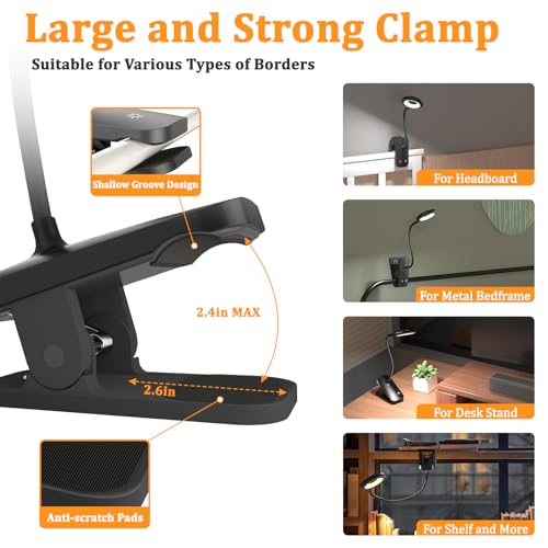 Rechargeable Clip Light, LED Bed Reading Lamp for Headboard & Desk - color: Black