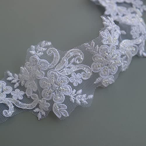 6cm*2yards Pure White Luxury Beaded Embroidery Flower lace Appliques for Wedding Dresses Rhinestone Applique Patches Embroidery lace parches ropa (Pure White Color)… - color: pure white color