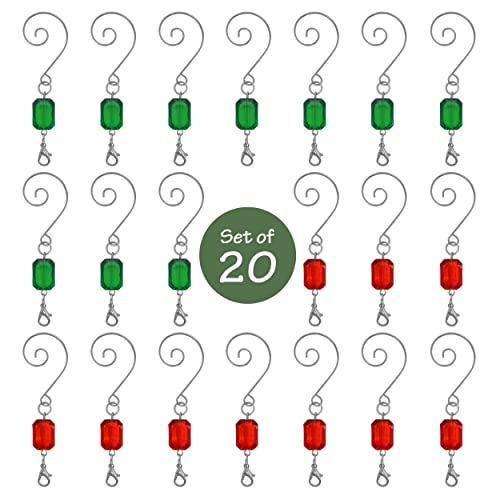 Christmas Ornament Hooks Set of 20 Red and Green Acrylic Jewel Hangers, Silver Wire Decorative Scroll S Hooks with Lobster Claws, 3 Inch Holiday Ornament Hangers for Christmas Tree Decorations